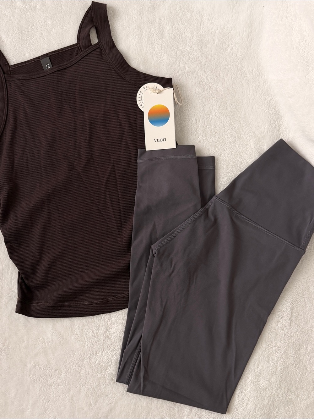 Vuori brown ruched square neck tank top + lavender leggings set